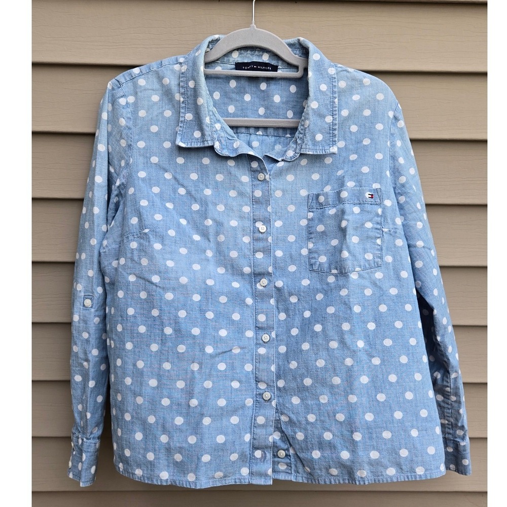 Tommy Hilfiger Polka Dot Cotton Chambray Button Down Shirt Blue XL